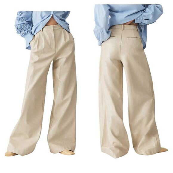 Anthropologie Hutch Wide-Leg Faux Leather Pants Sz 8 Pearl Cream Pleated NEW! - Picture 1 of 12